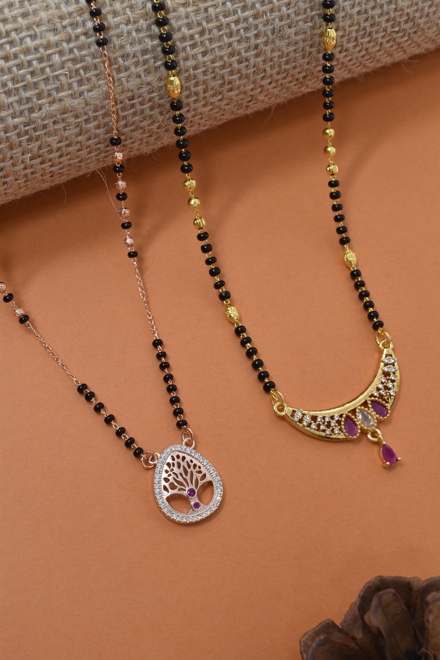 Meira Jewellery Traditional Black Bead Combo Mangalsutra Necklace for Women, Gold & Rose Gold Plated CZ Stone Stylish Mangalsutra Pendant Chain for Daily & Festive Ethnic Set of 2 Tanmaniya-103