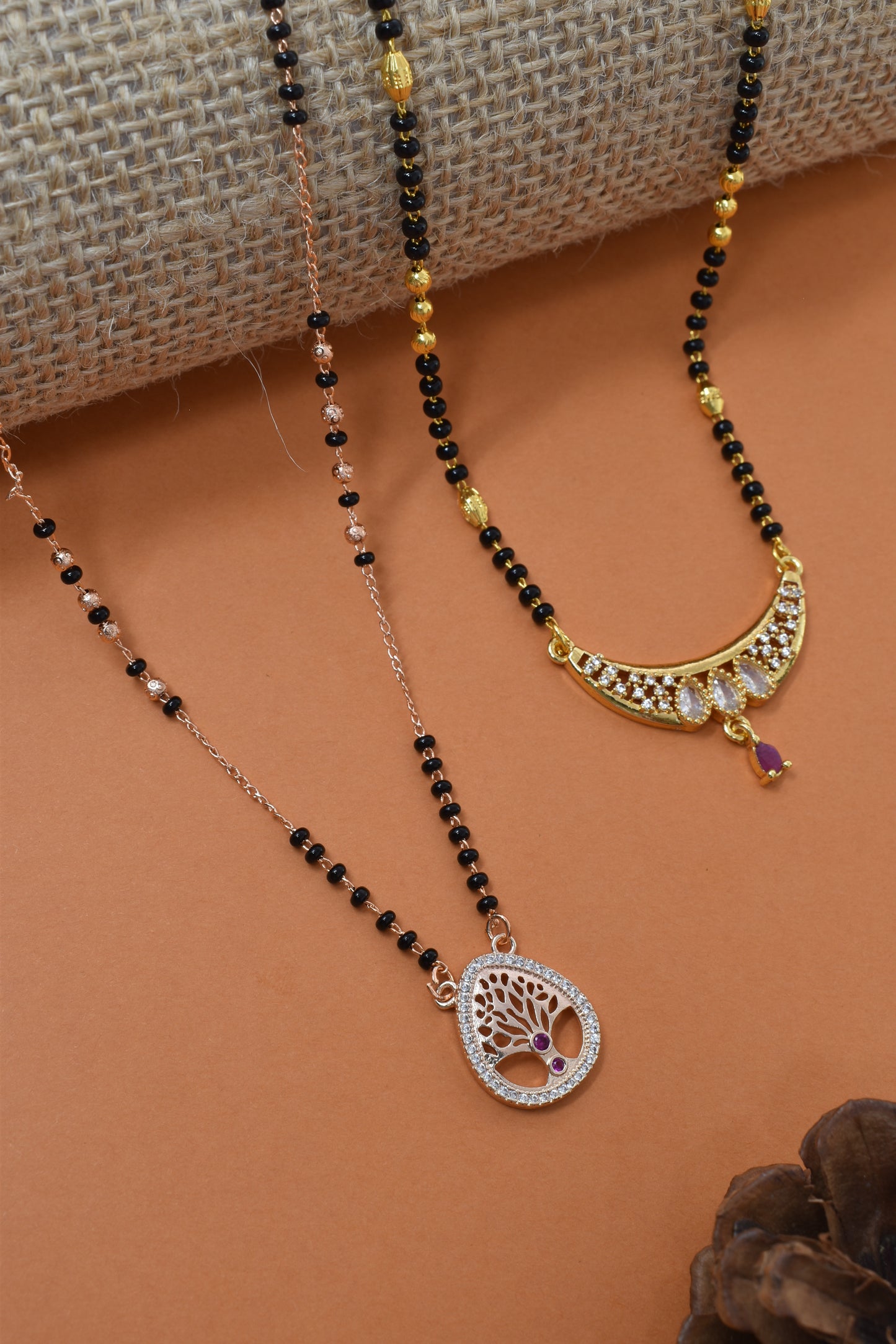 Meira Jewellery Traditional Black Bead Combo Mangalsutra Necklace for Women, Gold & Rose Gold Plated CZ Stone Stylish Mangalsutra Pendant Chain for Daily & Festive Ethnic Set of 2 Tanmaniya-104