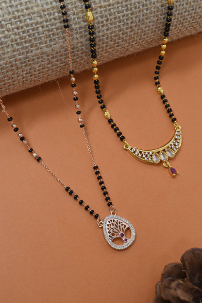 Meira Jewellery Traditional Black Bead Combo Mangalsutra Necklace for Women, Gold & Rose Gold Plated CZ Stone Stylish Mangalsutra Pendant Chain for Daily & Festive Ethnic Set of 2 Tanmaniya-104