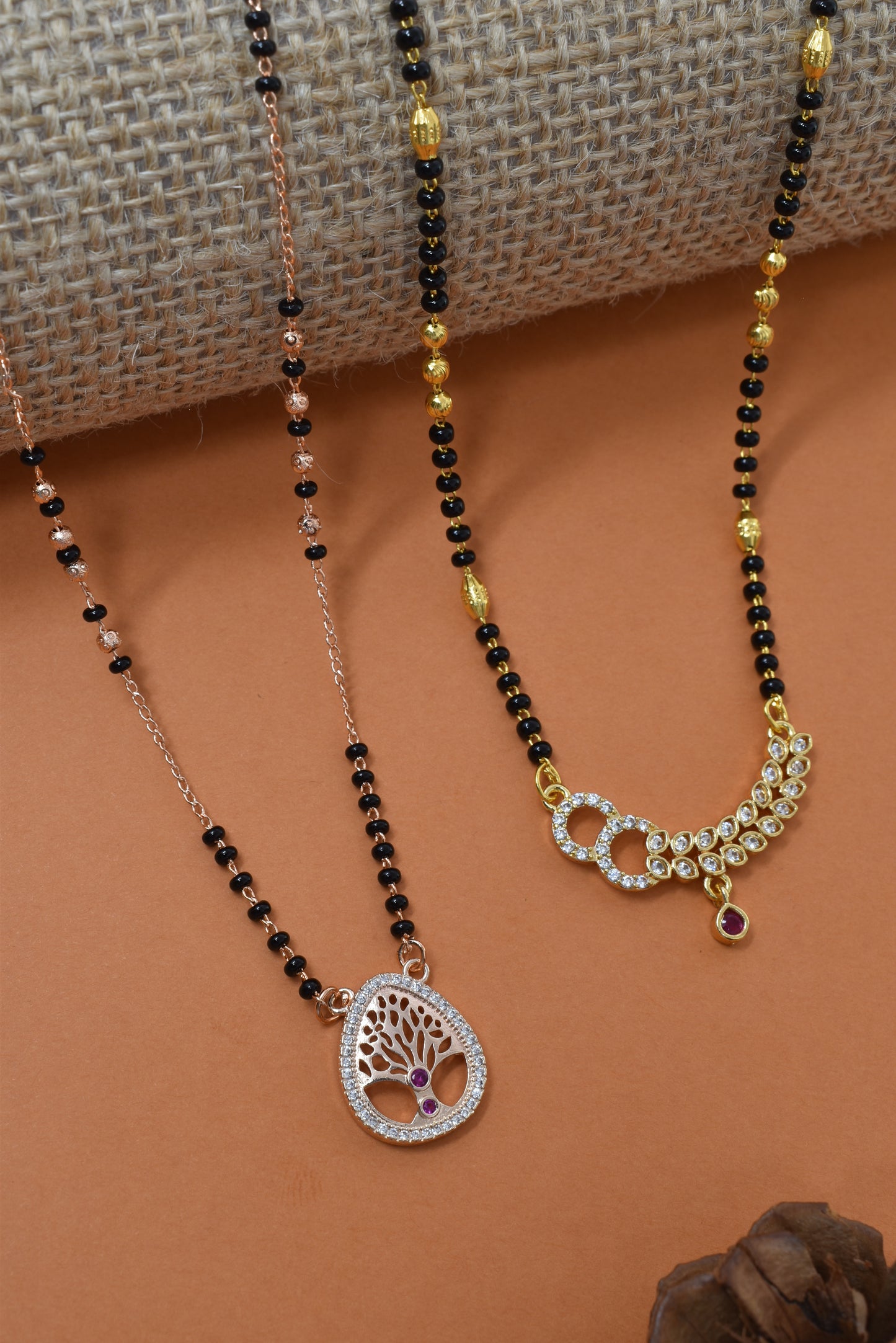 Meira Jewellery Traditional Black Bead Combo Mangalsutra Necklace for Women, Gold & Rose Gold Plated CZ Stone Stylish Mangalsutra Pendant Chain for Daily & Festive Ethnic Set of 2 Tanmaniya-105