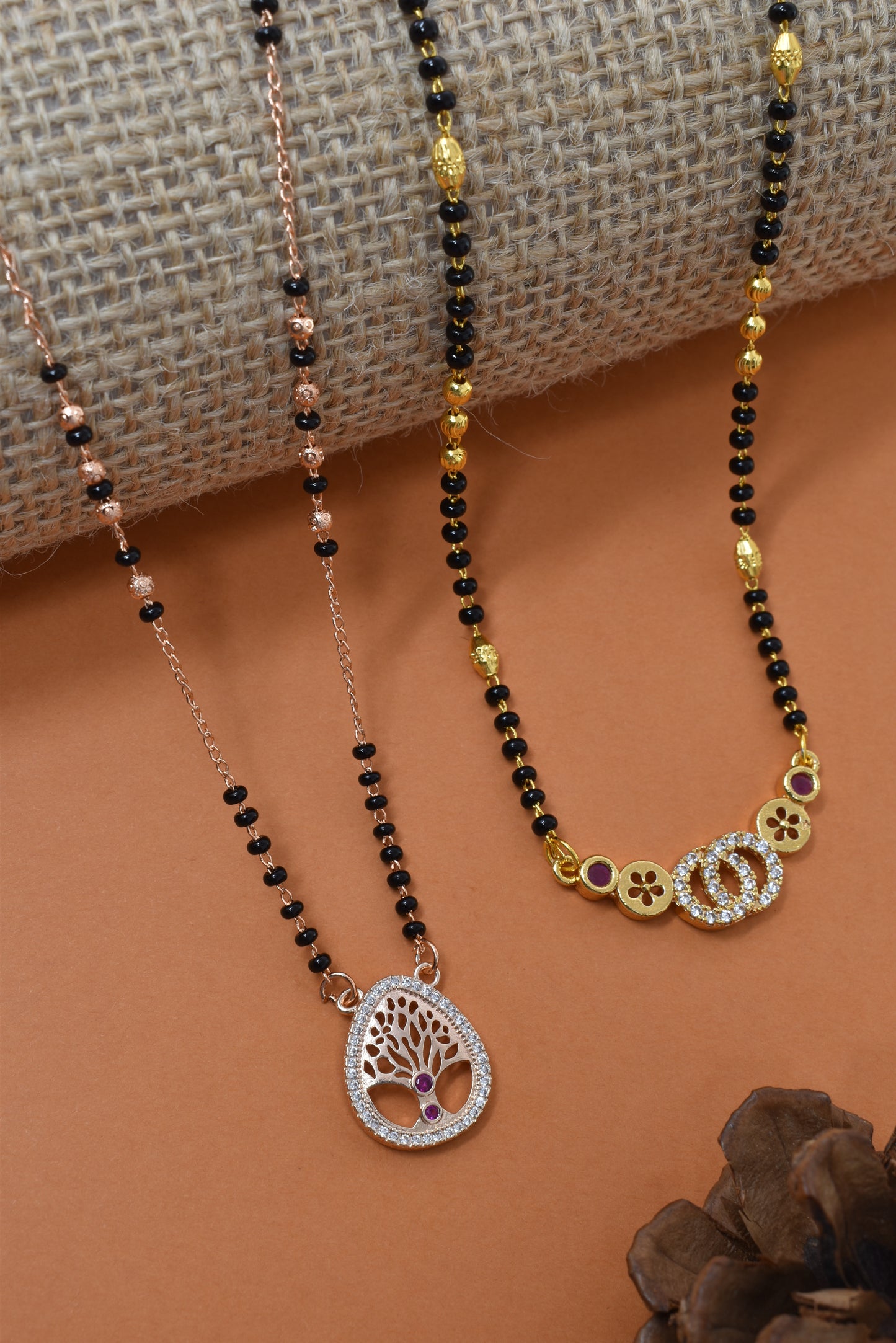 Meira Jewellery Traditional Black Bead Combo Mangalsutra Necklace for Women, Gold & Rose Gold Plated CZ Stone Stylish Mangalsutra Pendant Chain for Daily & Festive Ethnic Set of 2 Tanmaniya-106