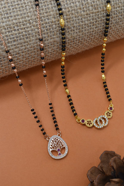 Meira Jewellery Traditional Black Bead Combo Mangalsutra Necklace for Women, Gold & Rose Gold Plated CZ Stone Stylish Mangalsutra Pendant Chain for Daily & Festive Ethnic Set of 2 Tanmaniya-106