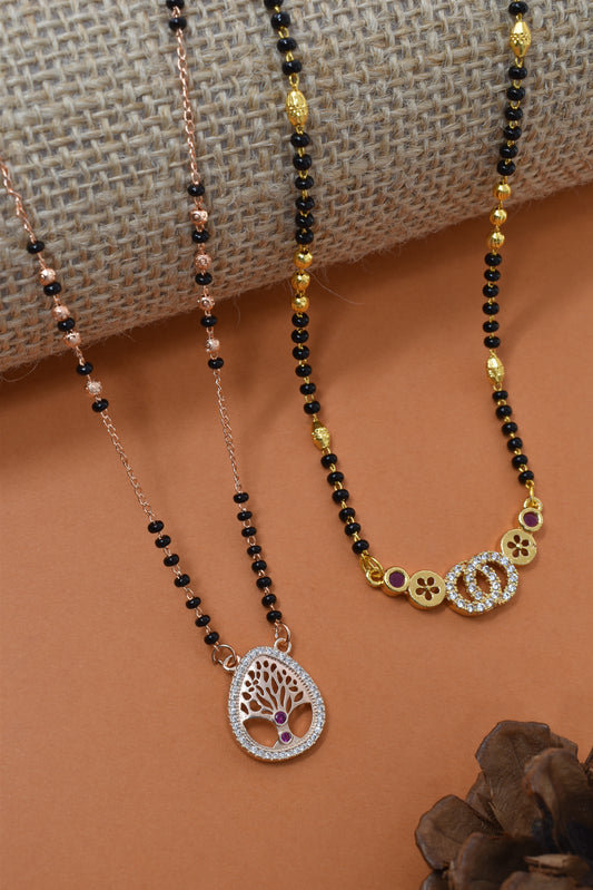 Meira Jewellery Traditional Black Bead Combo Mangalsutra Necklace for Women, Gold & Rose Gold Plated CZ Stone Stylish Mangalsutra Pendant Chain for Daily & Festive Ethnic Set of 2 Tanmaniya-106