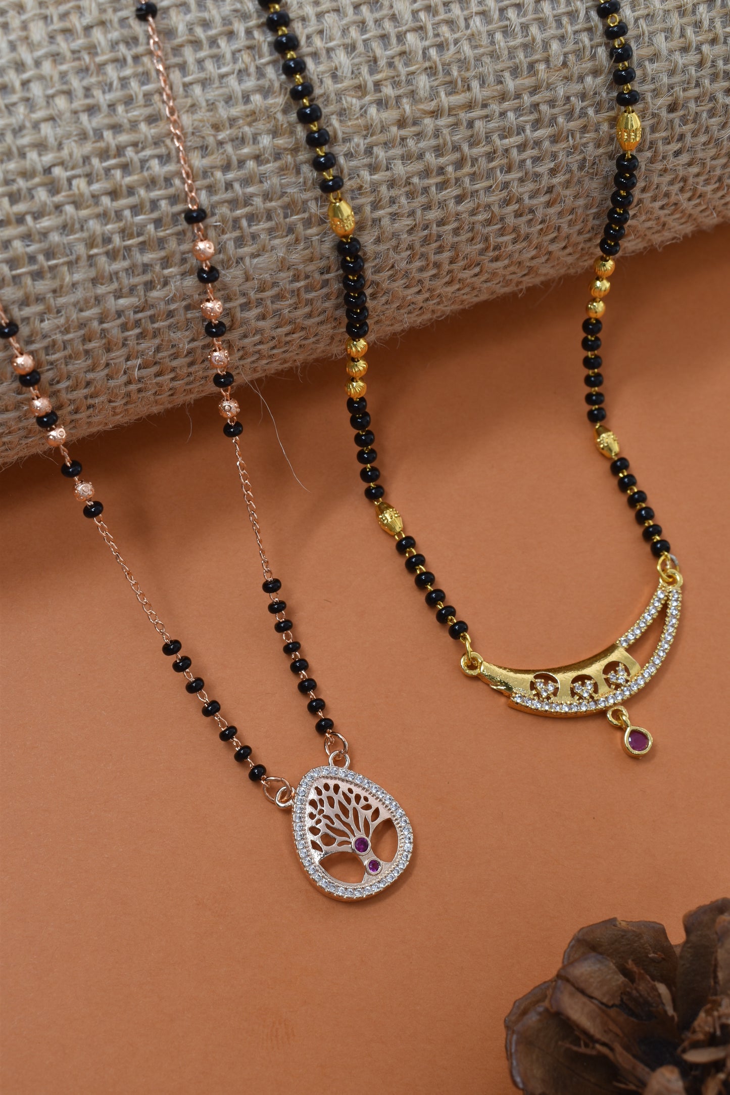 Meira Jewellery Traditional Black Bead Combo Mangalsutra Necklace for Women, Gold & Rose Gold Plated CZ Stone Stylish Mangalsutra Pendant Chain for Daily & Festive Ethnic Set of 2 Tanmaniya-107