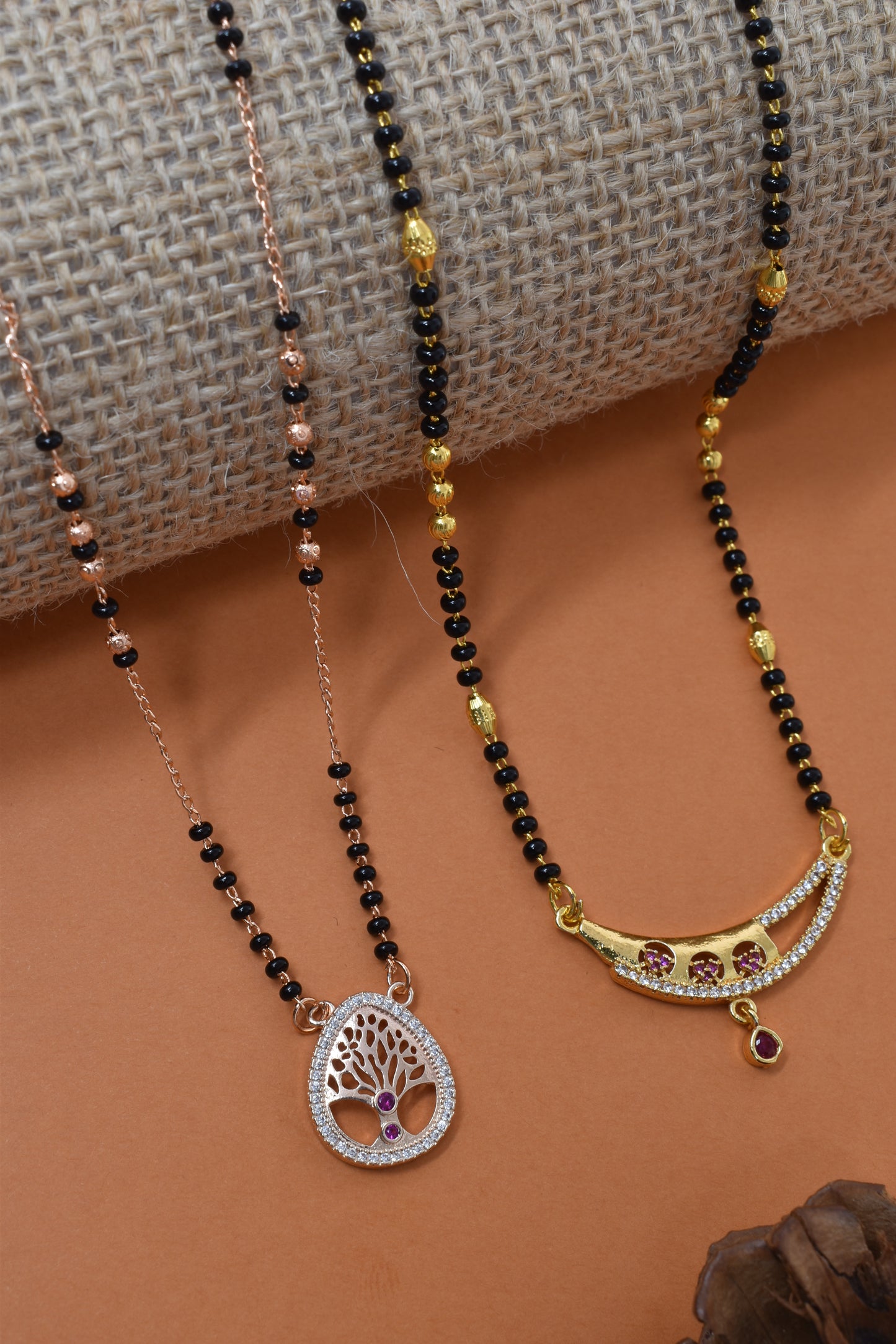 Meira Jewellery Traditional Black Bead Combo Mangalsutra Necklace for Women, Gold & Rose Gold Plated CZ Stone Stylish Mangalsutra Pendant Chain for Daily & Festive Ethnic Set of 2 Tanmaniya-108