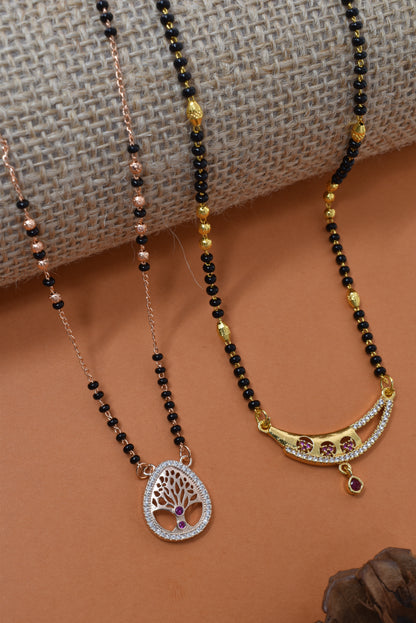 Meira Jewellery Traditional Black Bead Combo Mangalsutra Necklace for Women, Gold & Rose Gold Plated CZ Stone Stylish Mangalsutra Pendant Chain for Daily & Festive Ethnic Set of 2 Tanmaniya-108