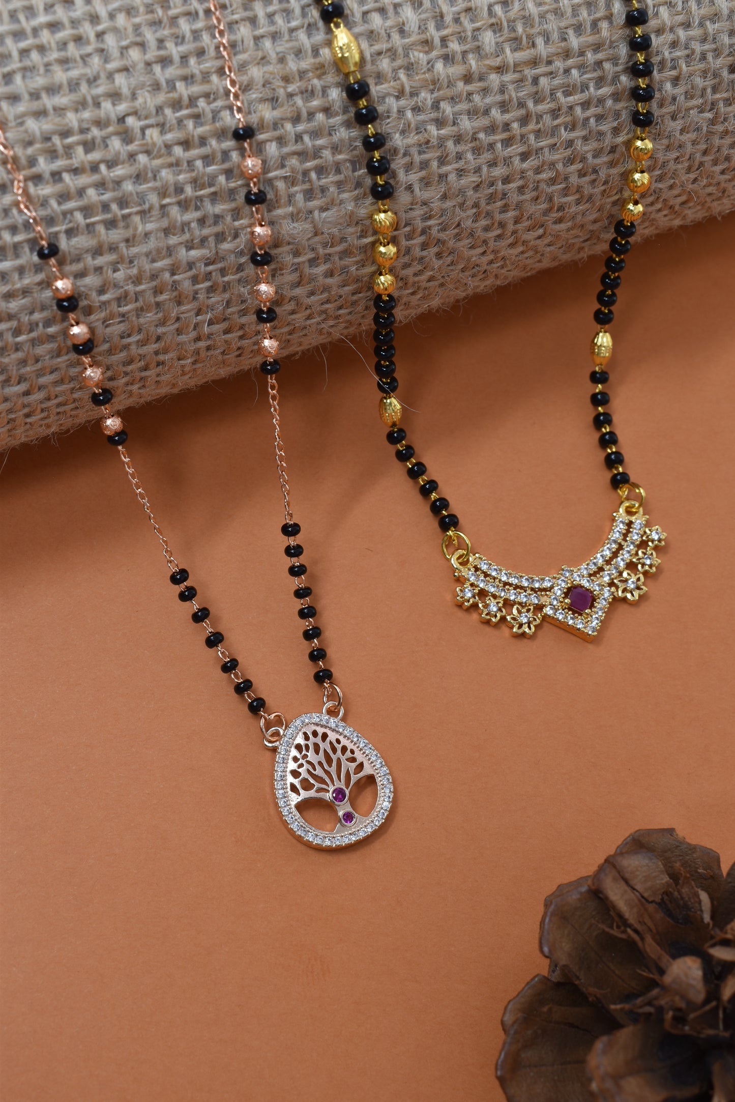 Meira Jewellery Traditional Black Bead Combo Mangalsutra Necklace for Women, Gold & Rose Gold Plated CZ Stone Stylish Mangalsutra Pendant Chain for Daily & Festive Ethnic Set of 2 Tanmaniya-109