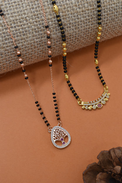 Meira Jewellery Traditional Black Bead Combo Mangalsutra Necklace for Women, Gold & Rose Gold Plated CZ Stone Stylish Mangalsutra Pendant Chain for Daily & Festive Ethnic Set of 2 Tanmaniya-110