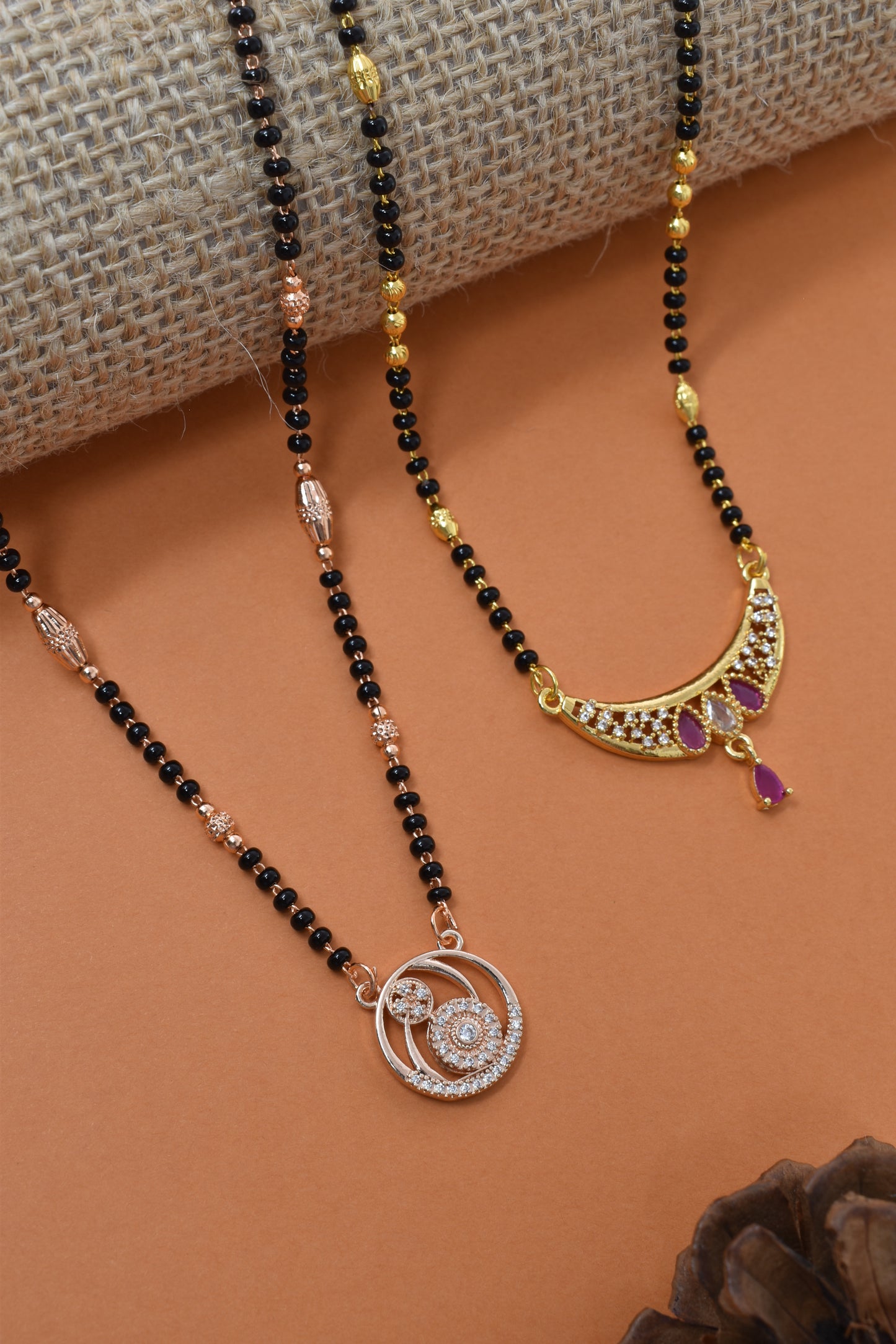 Meira Jewellery Traditional Black Bead Combo Mangalsutra Necklace for Women, Gold & Rose Gold Plated CZ Stone Stylish Mangalsutra Pendant Chain for Daily & Festive Ethnic Set of 2 Tanmaniya-111
