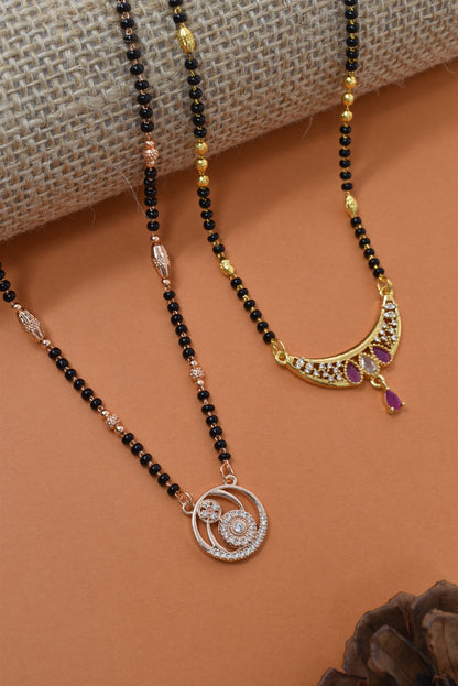 Meira Jewellery Traditional Black Bead Combo Mangalsutra Necklace for Women, Gold & Rose Gold Plated CZ Stone Stylish Mangalsutra Pendant Chain for Daily & Festive Ethnic Set of 2 Tanmaniya-111