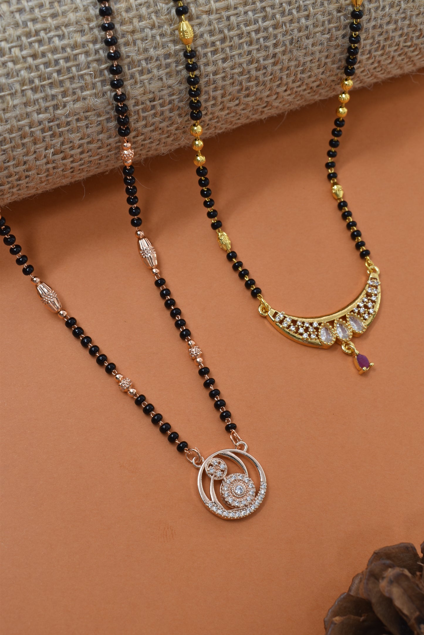 Meira Jewellery Traditional Black Bead Combo Mangalsutra Necklace for Women, Gold & Rose Gold Plated CZ Stone Stylish Mangalsutra Pendant Chain for Daily & Festive Ethnic Set of 2 Tanmaniya-112