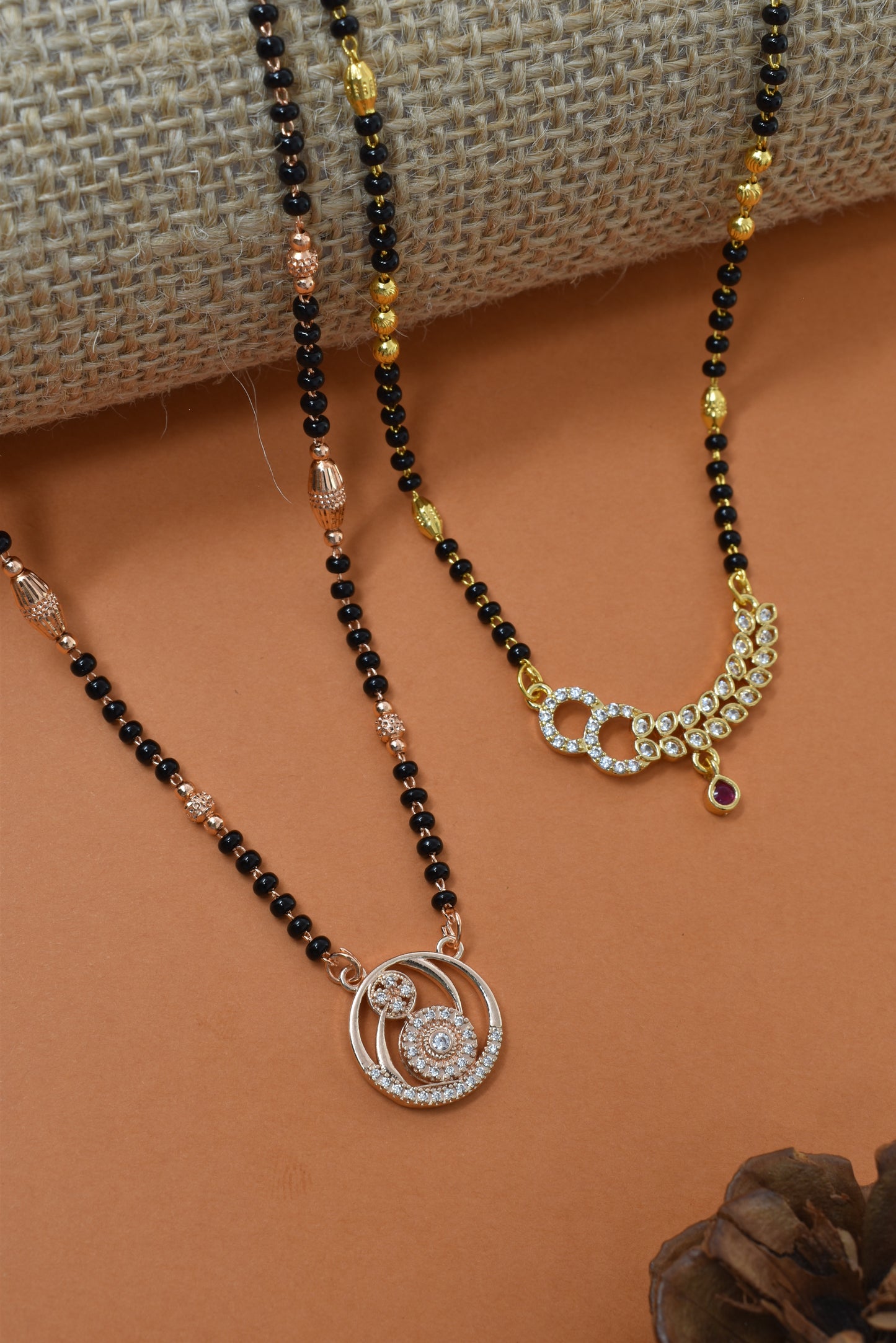 Meira Jewellery Traditional Black Bead Combo Mangalsutra Necklace for Women, Gold & Rose Gold Plated CZ Stone Stylish Mangalsutra Pendant Chain for Daily & Festive Ethnic Set of 2 Tanmaniya-113