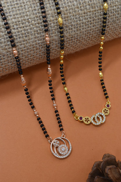 Meira Jewellery Traditional Black Bead Combo Mangalsutra Necklace for Women, Gold & Rose Gold Plated CZ Stone Stylish Mangalsutra Pendant Chain for Daily & Festive Ethnic Set of 2 Tanmaniya-114