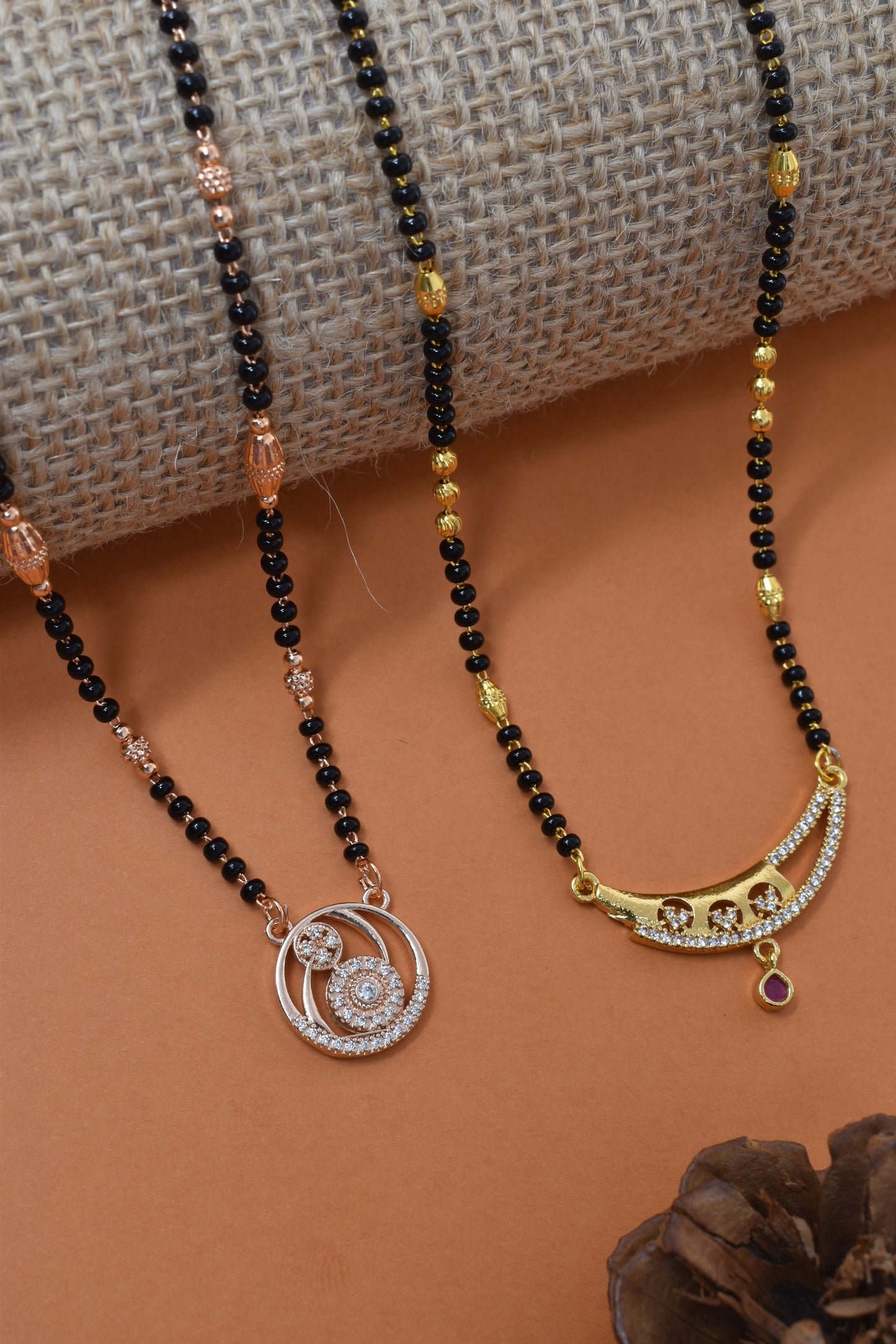 Meira Jewellery Traditional Black Bead Combo Mangalsutra Necklace for Women, Gold & Rose Gold Plated CZ Stone Stylish Mangalsutra Pendant Chain for Daily & Festive Ethnic Set of 2 Tanmaniya-115