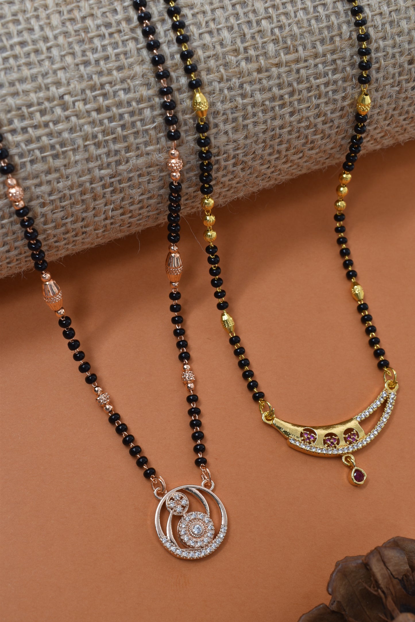 Meira Jewellery Traditional Black Bead Combo Mangalsutra Necklace for Women, Gold & Rose Gold Plated CZ Stone Stylish Mangalsutra Pendant Chain for Daily & Festive Ethnic Set of 2 Tanmaniya-116