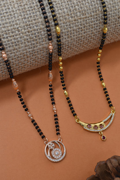 Meira Jewellery Traditional Black Bead Combo Mangalsutra Necklace for Women, Gold & Rose Gold Plated CZ Stone Stylish Mangalsutra Pendant Chain for Daily & Festive Ethnic Set of 2 Tanmaniya-116