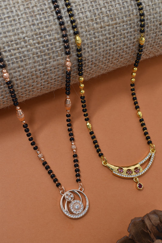Meira Jewellery Traditional Black Bead Combo Mangalsutra Necklace for Women, Gold & Rose Gold Plated CZ Stone Stylish Mangalsutra Pendant Chain for Daily & Festive Ethnic Set of 2 Tanmaniya-116