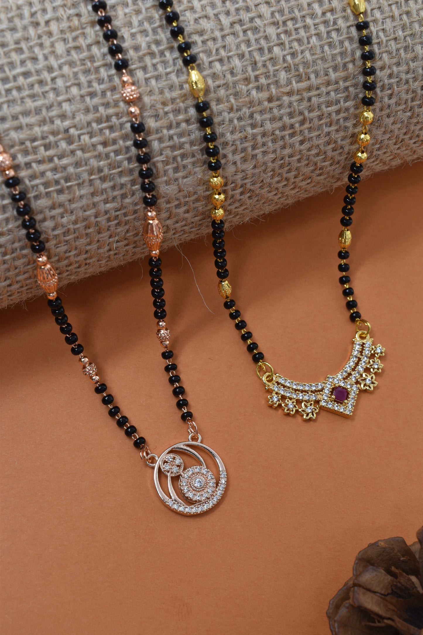 Meira Jewellery Traditional Black Bead Combo Mangalsutra Necklace for Women, Gold & Rose Gold Plated CZ Stone Stylish Mangalsutra Pendant Chain for Daily & Festive Ethnic Set of 2 Tanmaniya-117