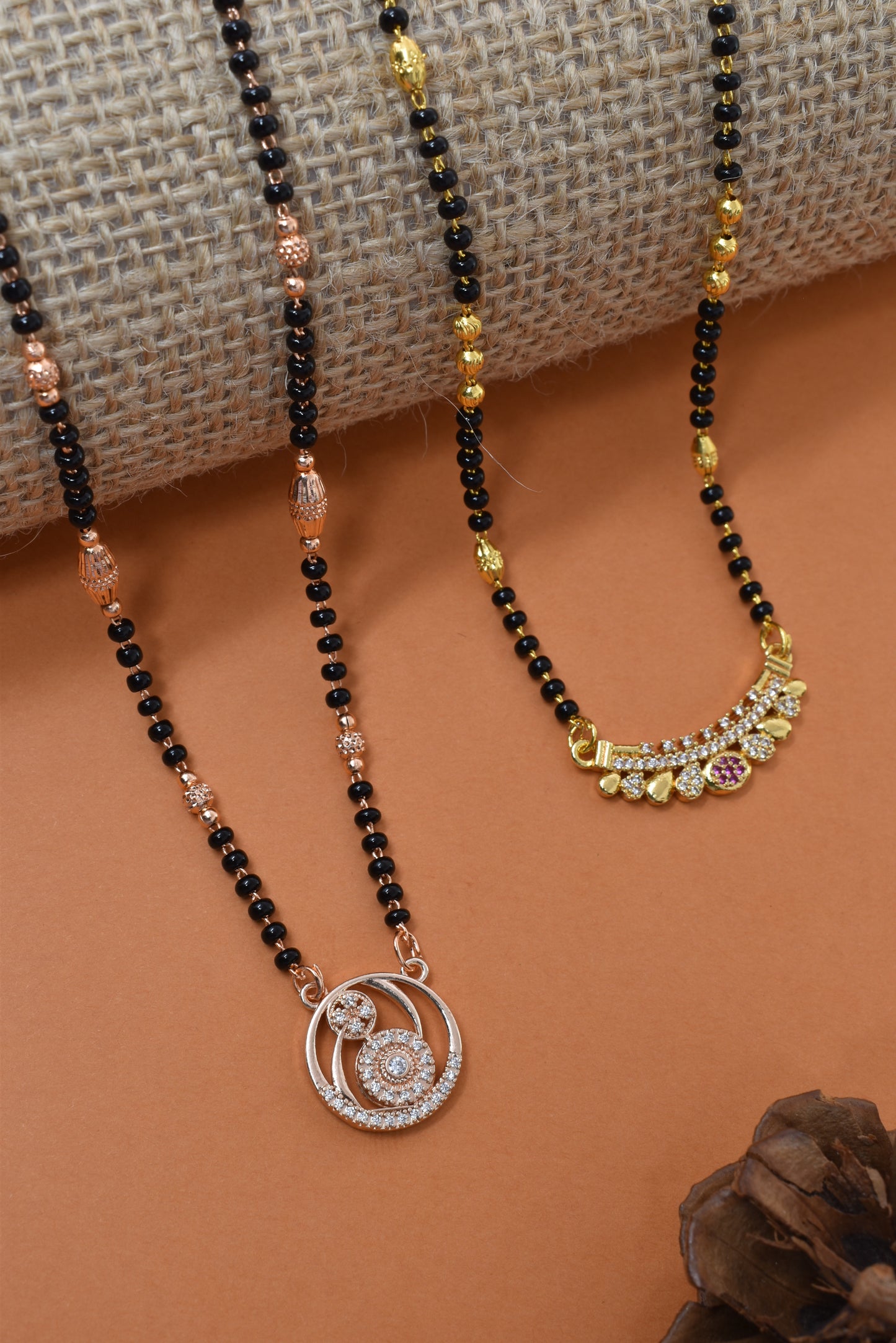 Meira Jewellery Traditional Black Bead Combo Mangalsutra Necklace for Women, Gold & Rose Gold Plated CZ Stone Stylish Mangalsutra Pendant Chain for Daily & Festive Ethnic Set of 2 Tanmaniya-118