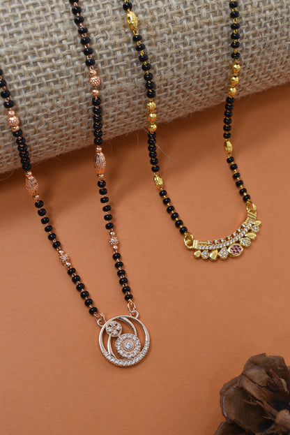Meira Jewellery Traditional Black Bead Combo Mangalsutra Necklace for Women, Gold & Rose Gold Plated CZ Stone Stylish Mangalsutra Pendant Chain for Daily & Festive Ethnic Set of 2 Tanmaniya-118