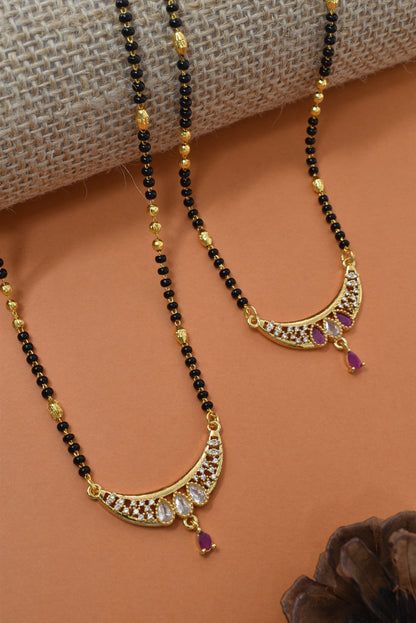 Meira Jewellery Traditional Black Bead Combo Mangalsutra Necklace for Women, Gold Plated CZ Stone Studded Stylish Mangalsutra Pendant Chain for Daily & Festive Ethnic Set of 2 Tanmaniya Necklace-119