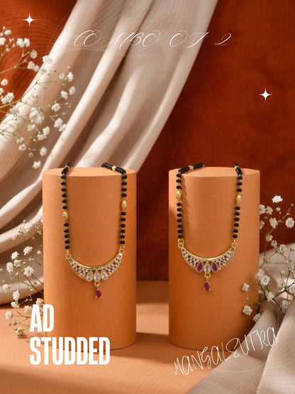 Meira Jewellery Traditional Black Bead Combo Mangalsutra Necklace for Women, Gold Plated CZ Stone Studded Stylish Mangalsutra Pendant Chain for Daily & Festive Ethnic Set of 2 Tanmaniya Necklace-119