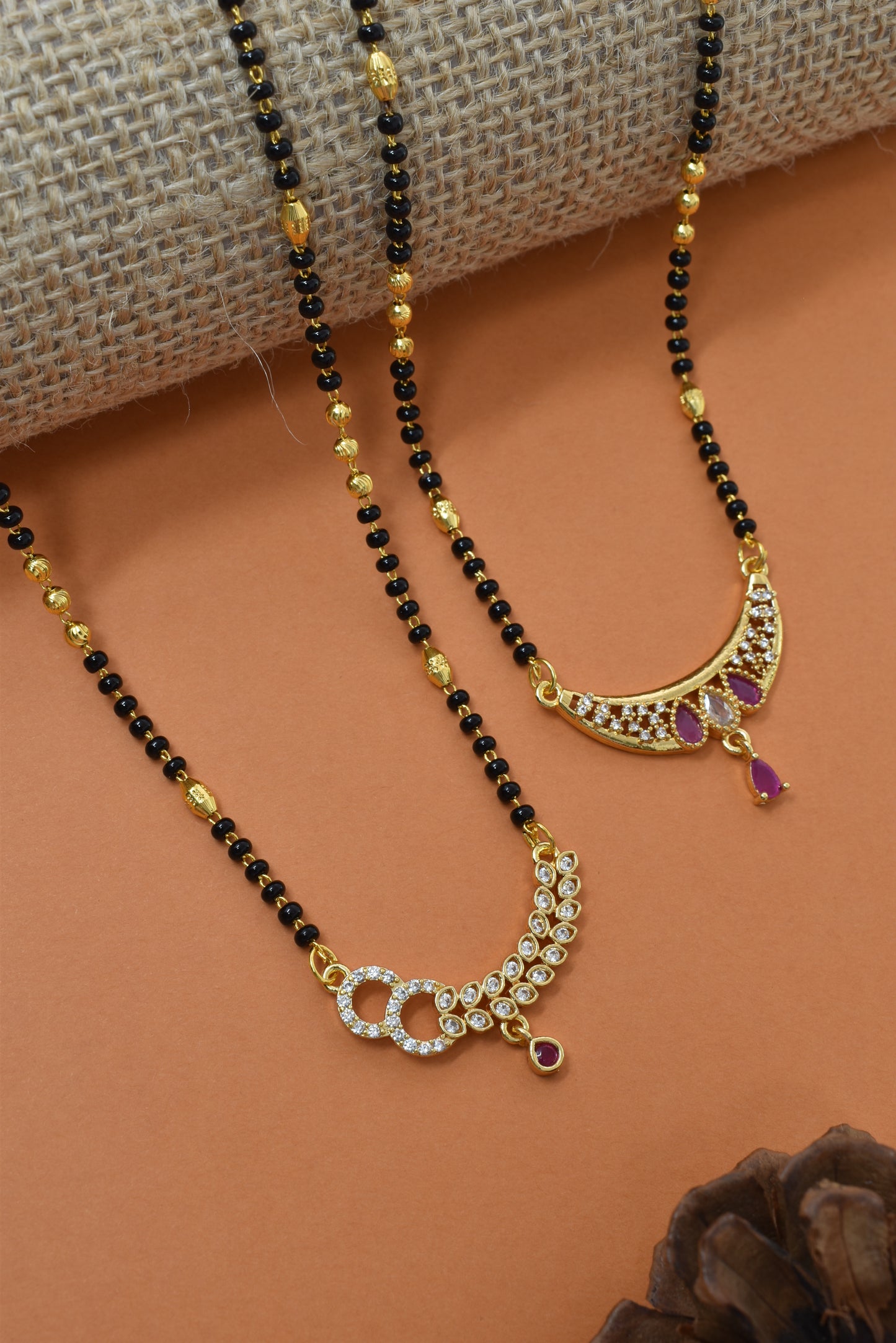 Meira Jewellery Traditional Black Bead Combo Mangalsutra Necklace for Women, Gold Plated CZ Stone Studded Stylish Mangalsutra Pendant Chain for Daily & Festive Ethnic Set of 2 Tanmaniya Necklace-120