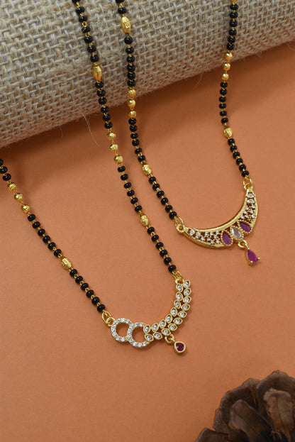 Meira Jewellery Traditional Black Bead Combo Mangalsutra Necklace for Women, Gold Plated CZ Stone Studded Stylish Mangalsutra Pendant Chain for Daily & Festive Ethnic Set of 2 Tanmaniya Necklace-120