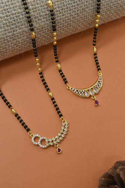 Meira Jewellery Traditional Black Bead Combo Mangalsutra Necklace for Women, Gold Plated CZ Stone Studded Stylish Mangalsutra Pendant Chain for Daily & Festive Ethnic Set of 2 Tanmaniya Necklace-121