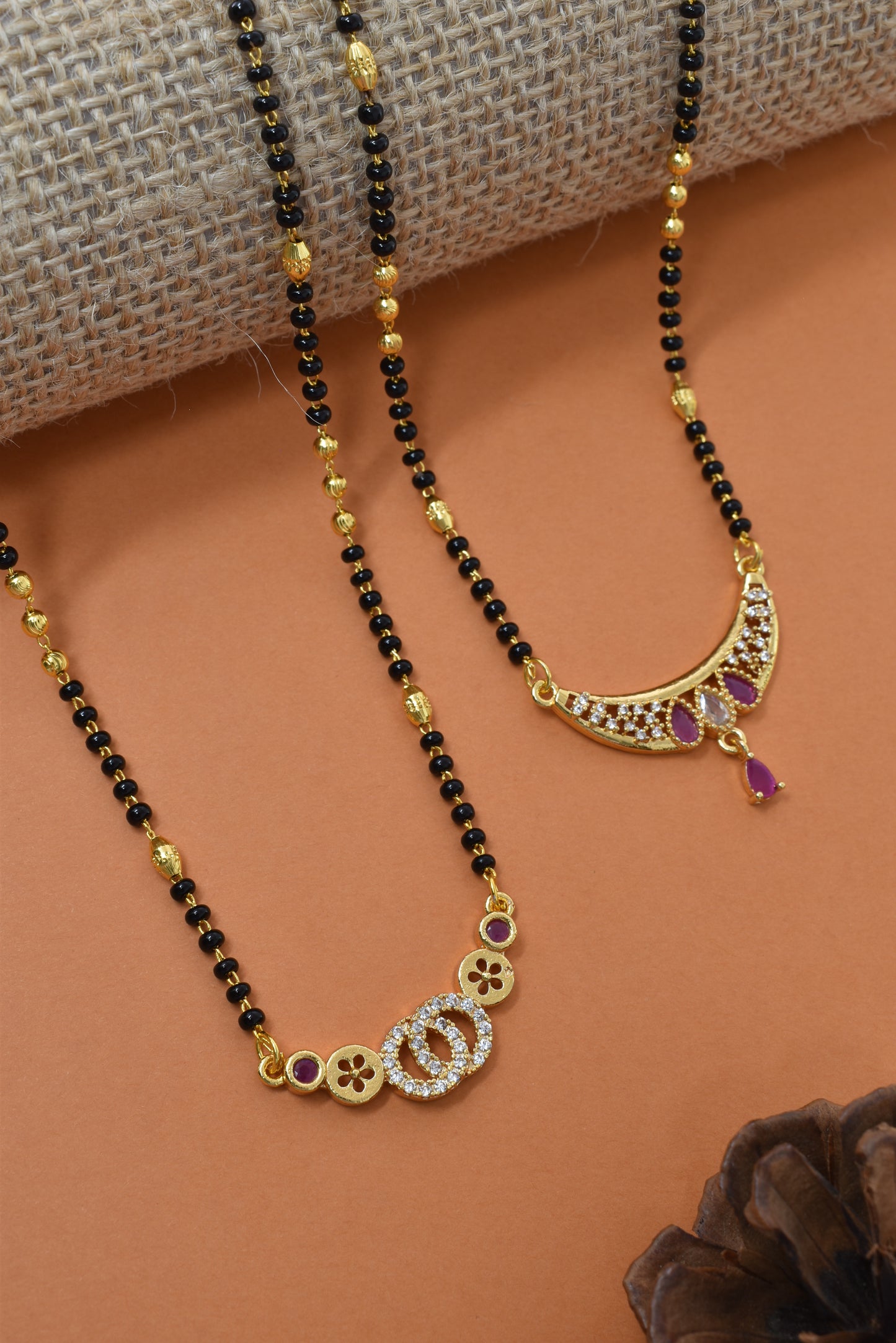 Meira Jewellery Traditional Black Bead Combo Mangalsutra Necklace for Women, Gold Plated CZ Stone Studded Stylish Mangalsutra Pendant Chain for Daily & Festive Ethnic Set of 2 Tanmaniya Necklace-122