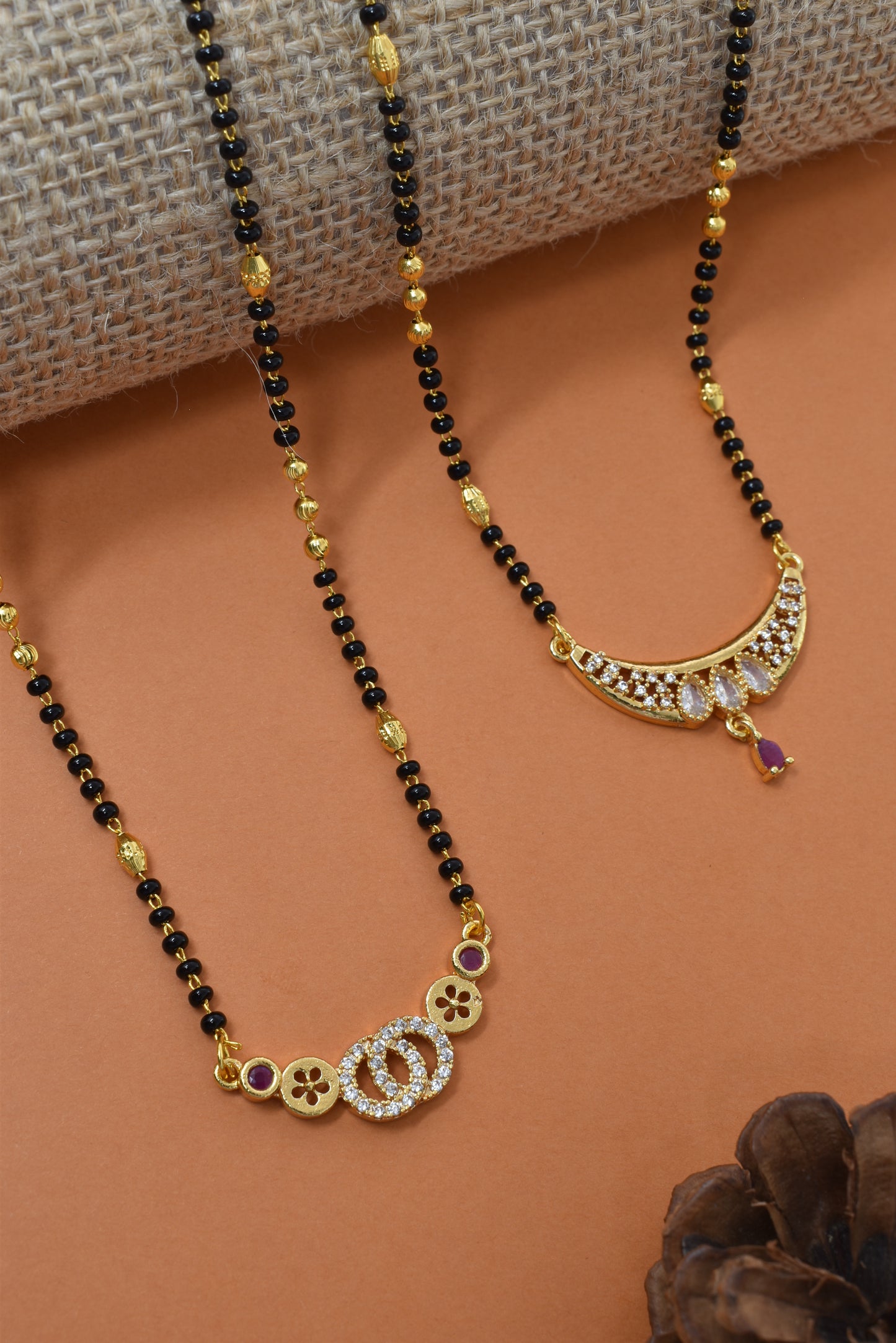 Meira Jewellery Traditional Black Bead Combo Mangalsutra Necklace for Women, Gold Plated CZ Stone Studded Stylish Mangalsutra Pendant Chain for Daily & Festive Ethnic Set of 2 Tanmaniya Necklace-123