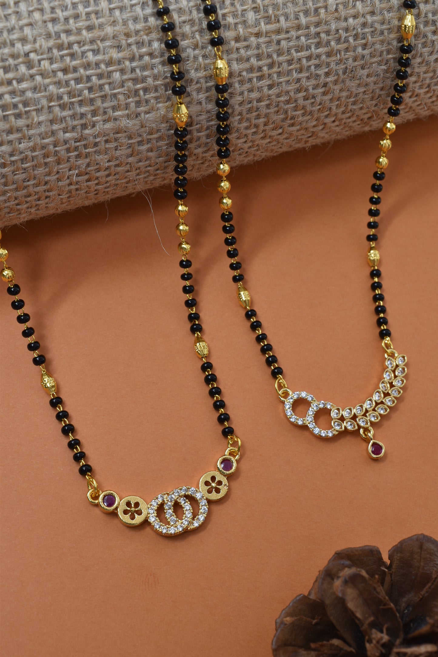 Meira Jewellery Traditional Black Bead Combo Mangalsutra Necklace for Women, Gold Plated CZ Stone Studded Stylish Mangalsutra Pendant Chain for Daily & Festive Ethnic Set of 2 Tanmaniya Necklace-124
