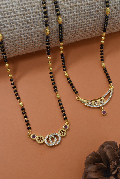 Meira Jewellery Traditional Black Bead Combo Mangalsutra Necklace for Women, Gold Plated CZ Stone Studded Stylish Mangalsutra Pendant Chain for Daily & Festive Ethnic Set of 2 Tanmaniya Necklace-125