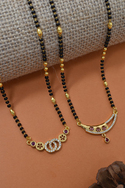 Meira Jewellery Traditional Black Bead Combo Mangalsutra Necklace for Women, Gold Plated CZ Stone Studded Stylish Mangalsutra Pendant Chain for Daily & Festive Ethnic Set of 2 Tanmaniya Necklace-126