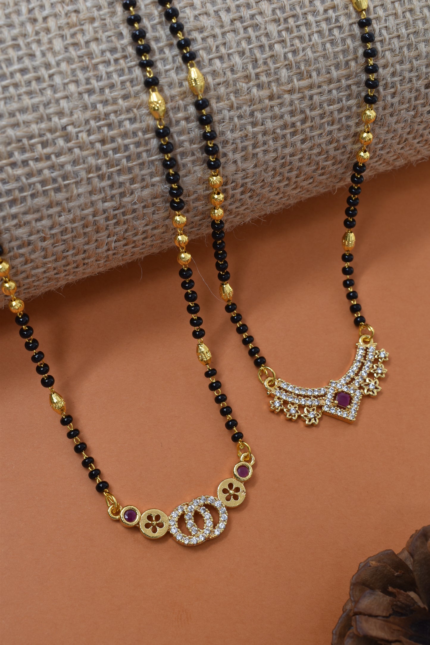 Meira Jewellery Traditional Black Bead Combo Mangalsutra Necklace for Women, Gold Plated CZ Stone Studded Stylish Mangalsutra Pendant Chain for Daily & Festive Ethnic Set of 2 Tanmaniya Necklace-127