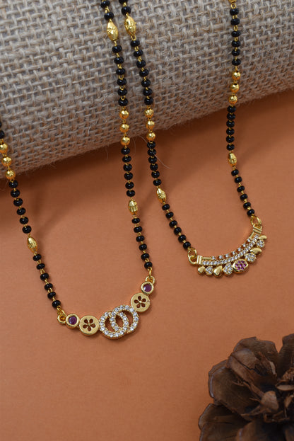 Meira Jewellery Traditional Black Bead Combo Mangalsutra Necklace for Women, Gold Plated CZ Stone Studded Stylish Mangalsutra Pendant Chain for Daily & Festive Ethnic Set of 2 Tanmaniya Necklace-128