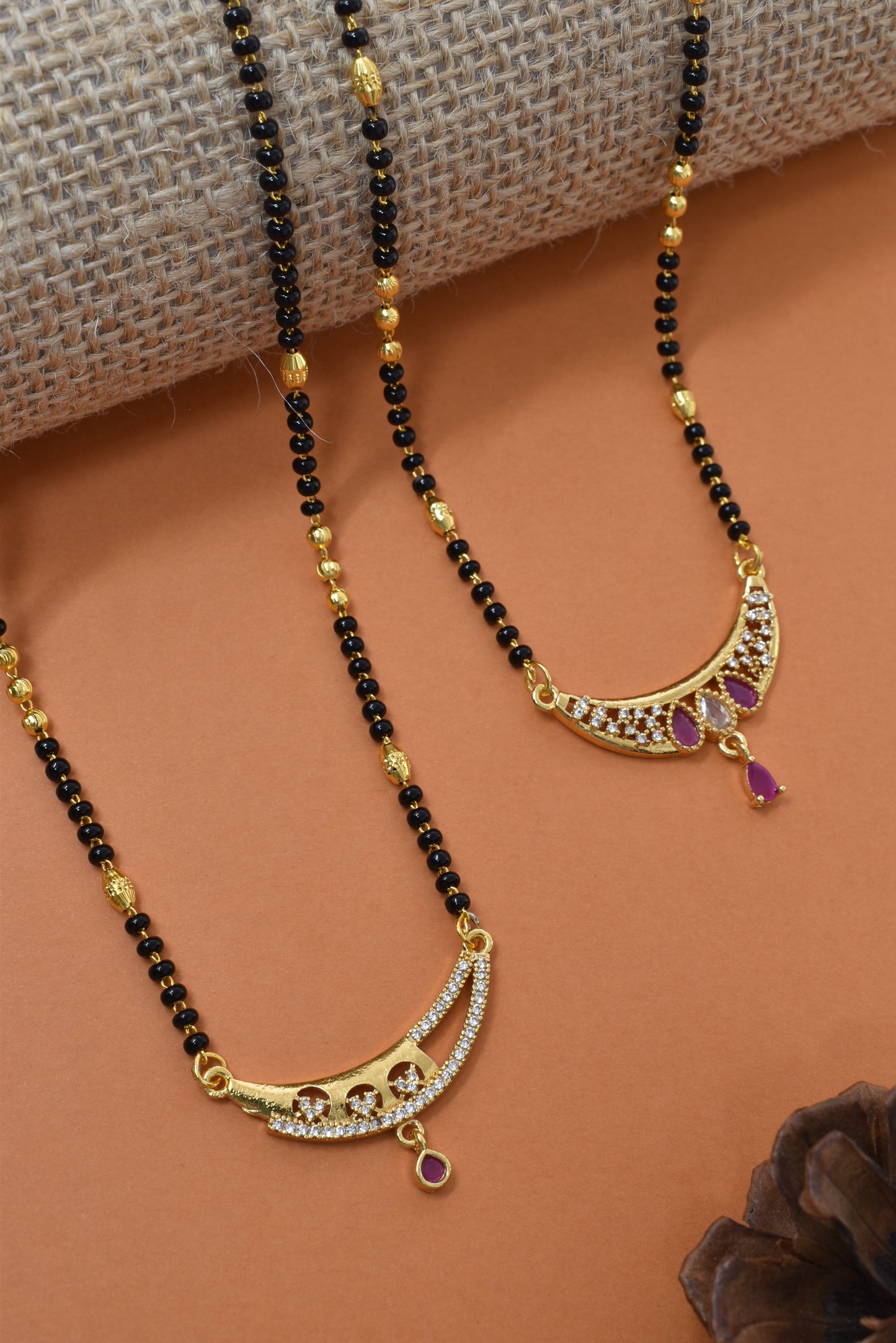 Meira Jewellery Traditional Black Bead Combo Mangalsutra Necklace for Women, Gold Plated CZ Stone Studded Stylish Mangalsutra Pendant Chain for Daily & Festive Ethnic Set of 2 Tanmaniya Necklace-129