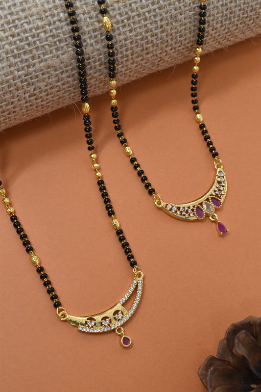 Meira Jewellery Traditional Black Bead Combo Mangalsutra Necklace for Women, Gold Plated CZ Stone Studded Stylish Mangalsutra Pendant Chain for Daily & Festive Ethnic Set of 2 Tanmaniya Necklace-129