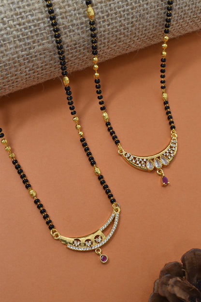 Meira Jewellery Traditional Black Bead Combo Mangalsutra Necklace for Women, Gold Plated CZ Stone Studded Stylish Mangalsutra Pendant Chain for Daily & Festive Ethnic Set of 2 Tanmaniya Necklace-130