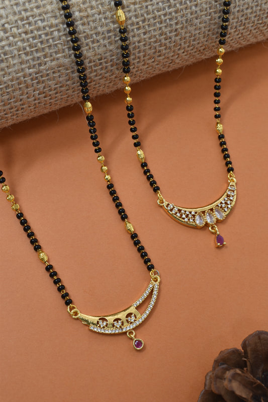 Meira Jewellery Traditional Black Bead Combo Mangalsutra Necklace for Women, Gold Plated CZ Stone Studded Stylish Mangalsutra Pendant Chain for Daily & Festive Ethnic Set of 2 Tanmaniya Necklace-130