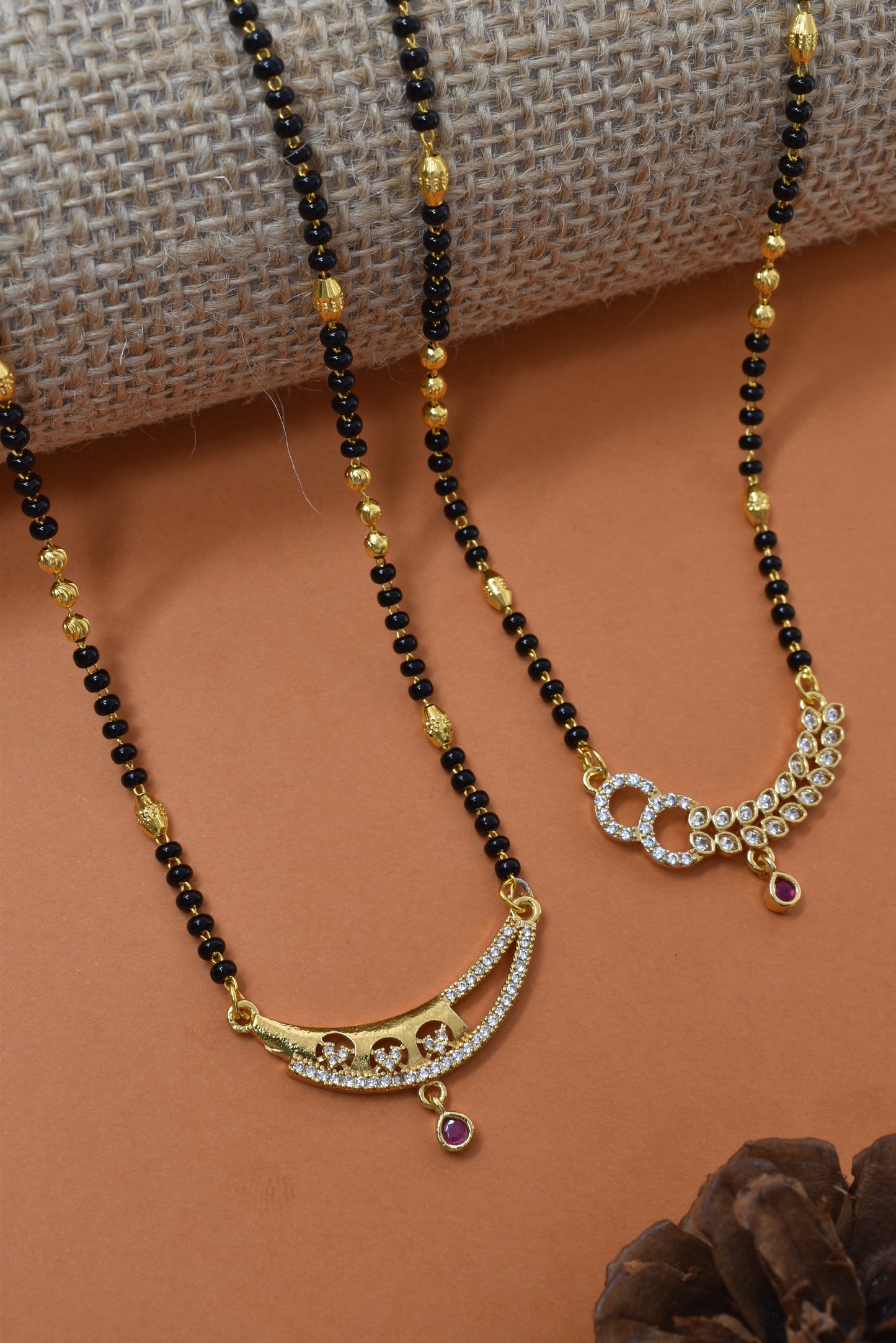 Meira Jewellery Traditional Black Bead Combo Mangalsutra Necklace for Women, Gold Plated CZ Stone Studded Stylish Mangalsutra Pendant Chain for Daily & Festive Ethnic Set of 2 Tanmaniya Necklace-131