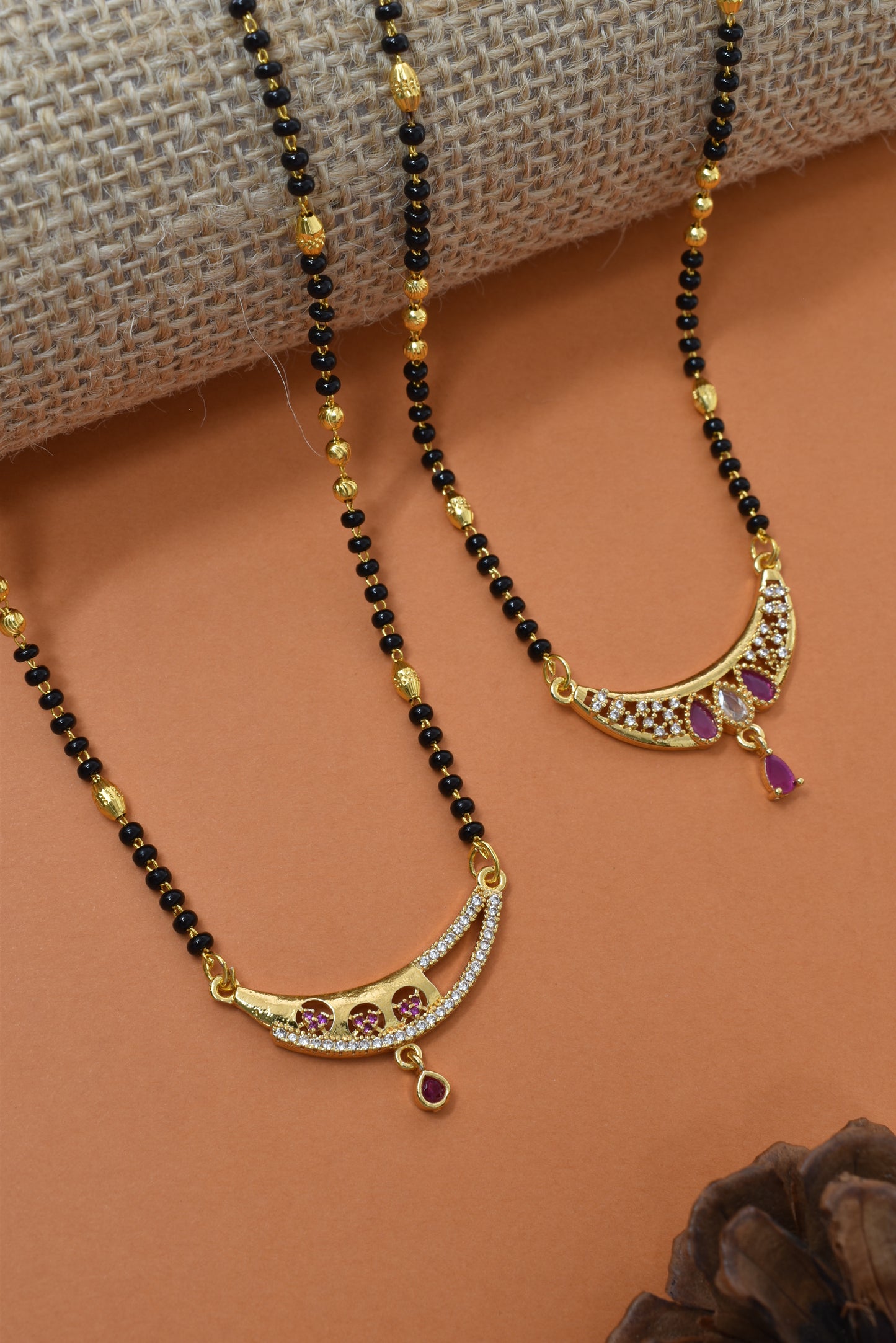 Meira Jewellery Traditional Black Bead Combo Mangalsutra Necklace for Women, Gold Plated CZ Stone Studded Stylish Mangalsutra Pendant Chain for Daily & Festive Ethnic Set of 2 Tanmaniya Necklace-132