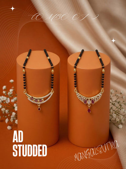 Meira Jewellery Traditional Black Bead Combo Mangalsutra Necklace for Women, Gold Plated CZ Stone Studded Stylish Mangalsutra Pendant Chain for Daily & Festive Ethnic Set of 2 Tanmaniya Necklace-132