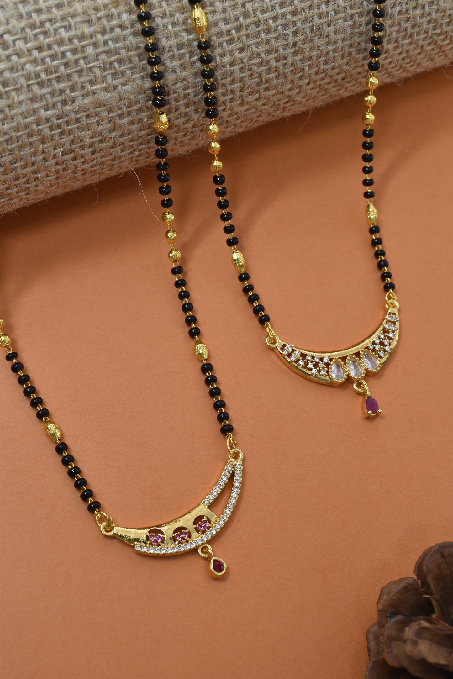Meira Jewellery Traditional Black Bead Combo Mangalsutra Necklace for Women, Gold Plated CZ Stone Studded Stylish Mangalsutra Pendant Chain for Daily & Festive Ethnic Set of 2 Tanmaniya Necklace-133
