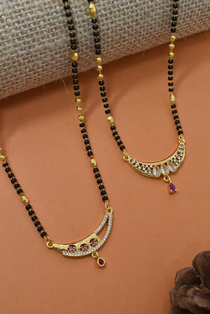 Meira Jewellery Traditional Black Bead Combo Mangalsutra Necklace for Women, Gold Plated CZ Stone Studded Stylish Mangalsutra Pendant Chain for Daily & Festive Ethnic Set of 2 Tanmaniya Necklace-133