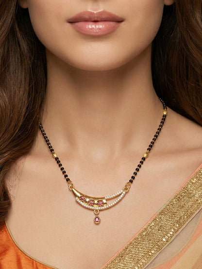 Meira Jewellery Traditional Black Bead Combo Mangalsutra Necklace for Women, Gold Plated CZ Stone Studded Stylish Mangalsutra Pendant Chain for Daily & Festive Ethnic Set of 2 Tanmaniya Necklace-133