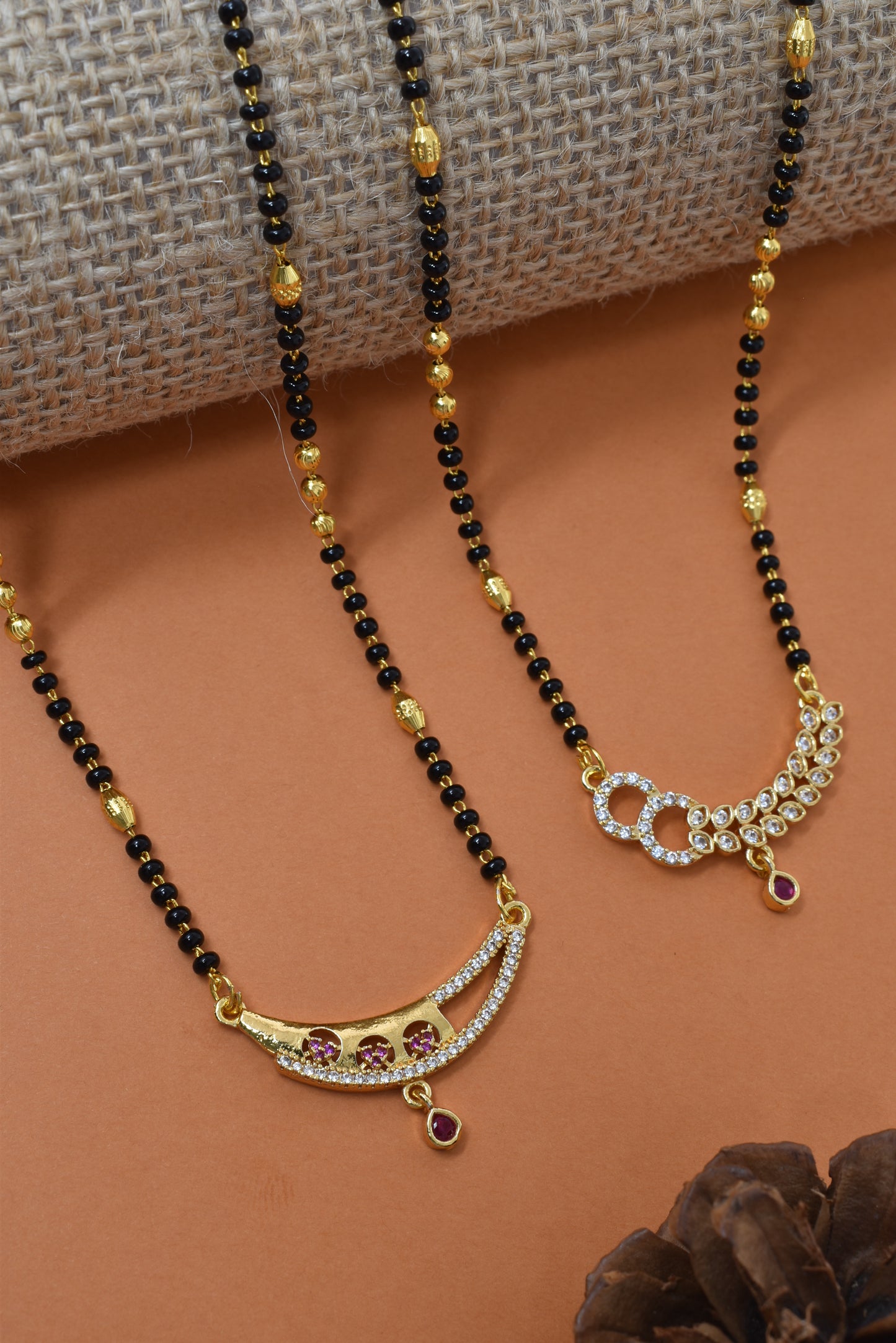 Meira Jewellery Traditional Black Bead Combo Mangalsutra Necklace for Women, Gold Plated CZ Stone Studded Stylish Mangalsutra Pendant Chain for Daily & Festive Ethnic Set of 2 Tanmaniya Necklace-134