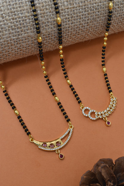 Meira Jewellery Traditional Black Bead Combo Mangalsutra Necklace for Women, Gold Plated CZ Stone Studded Stylish Mangalsutra Pendant Chain for Daily & Festive Ethnic Set of 2 Tanmaniya Necklace-134