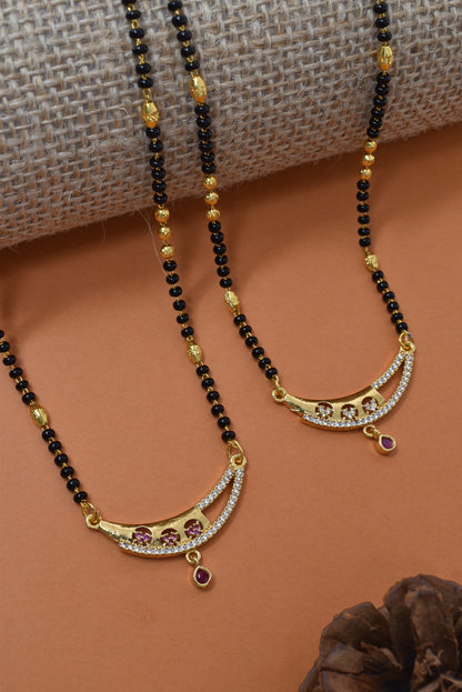 Meira Jewellery Traditional Black Bead Combo Mangalsutra Necklace for Women, Gold Plated CZ Stone Studded Stylish Mangalsutra Pendant Chain for Daily & Festive Ethnic Set of 2 Tanmaniya Necklace-135