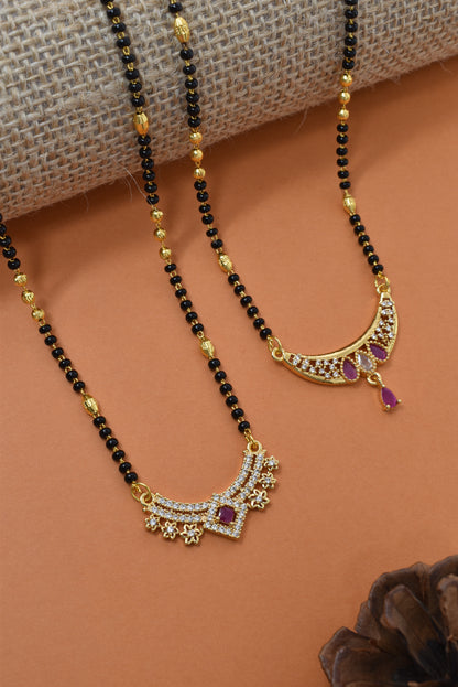 Meira Jewellery Traditional Black Bead Combo Mangalsutra Necklace for Women, Gold Plated CZ Stone Studded Stylish Mangalsutra Pendant Chain for Daily & Festive Ethnic Set of 2 Tanmaniya Necklace-136